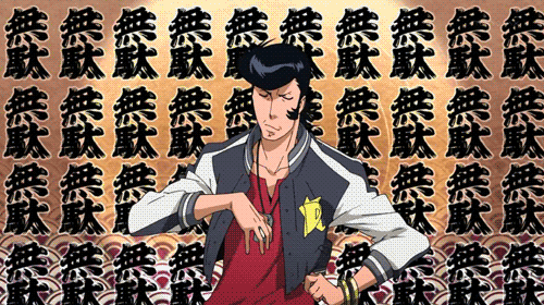 1boy animated animated_gif black_hair dandy_(space_dandy) jacket jewelry looking_at_viewer male male_focus necklace open_clothes open_jacket pompadour sideburns solo space_dandy
