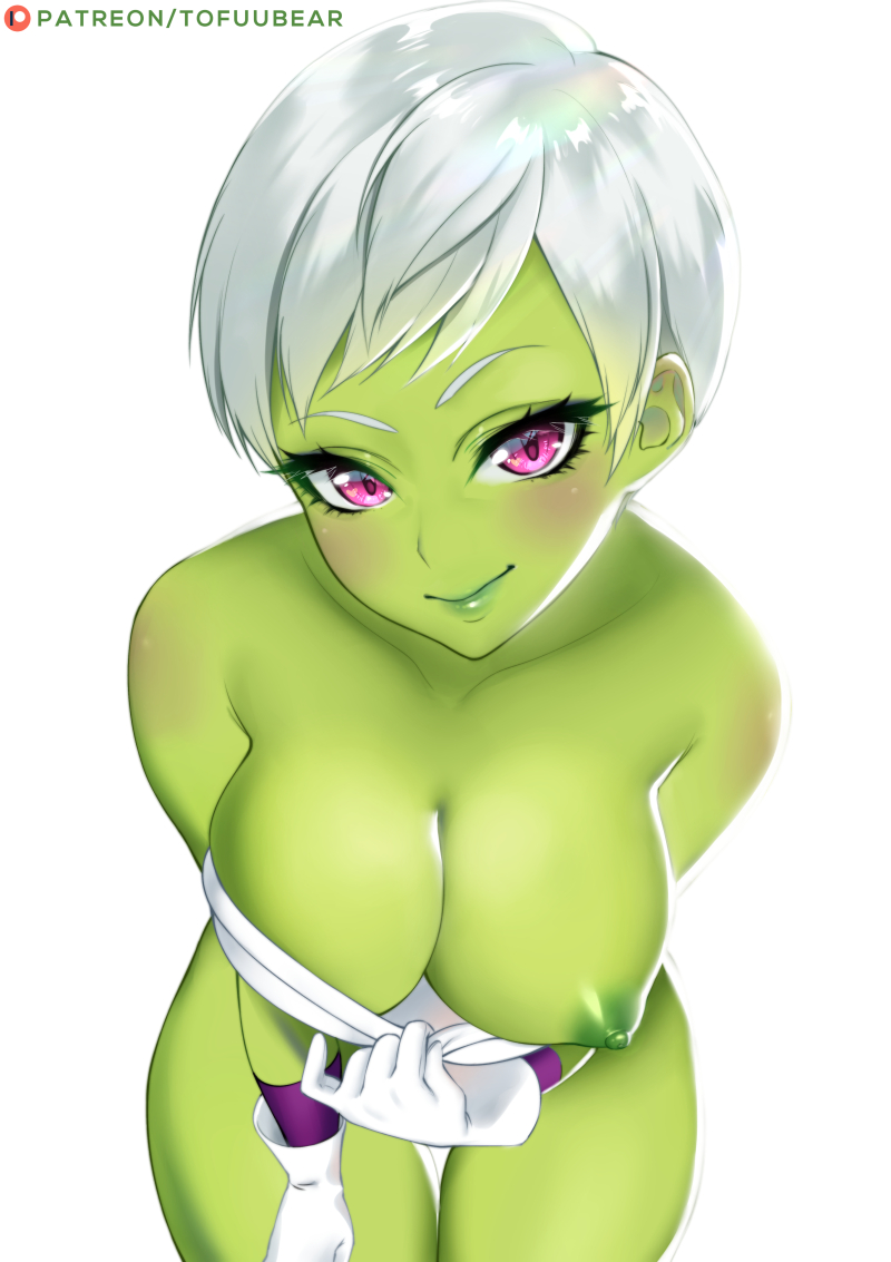 1girl armor bare_shoulders blush breasts cheelai cleavage collarbone dragon_ball dragon_ball_super dragon_ball_super_broly gloves green_skin large_breasts leaning_forward lips looking_at_viewer nipples one_breast_out patreon_username pulled_by_self purple_eyes short_hair silver_hair simple_background smile solo thigh_gap tofuubear white_background white_gloves