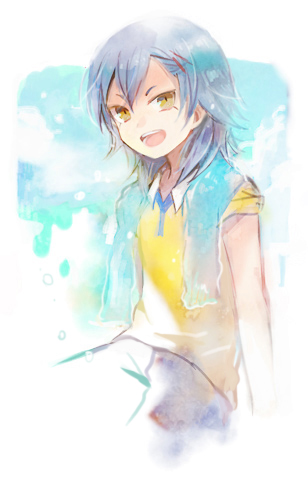 :d bad_id bad_pixiv_id blue_hair cowboy_shot hair_ornament hairclip inazuma_eleven_(series) inazuma_eleven_go kariya_masaki long_hair looking_at_viewer lowres male_focus open_mouth raimon raimon_soccer_uniform shirt short_sleeves sitting smile soccer_uniform solo sportswear t-shirt towel vest yellow_eyes yuhazu_(rhe-rhe)