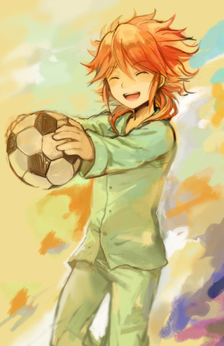 amemiya_taiyou bad_id bad_pixiv_id ball closed_eyes inazuma_eleven_(series) inazuma_eleven_go long_hair lowres male_focus open_mouth orange_hair soccer_ball solo telstar yuhazu_(rhe-rhe)