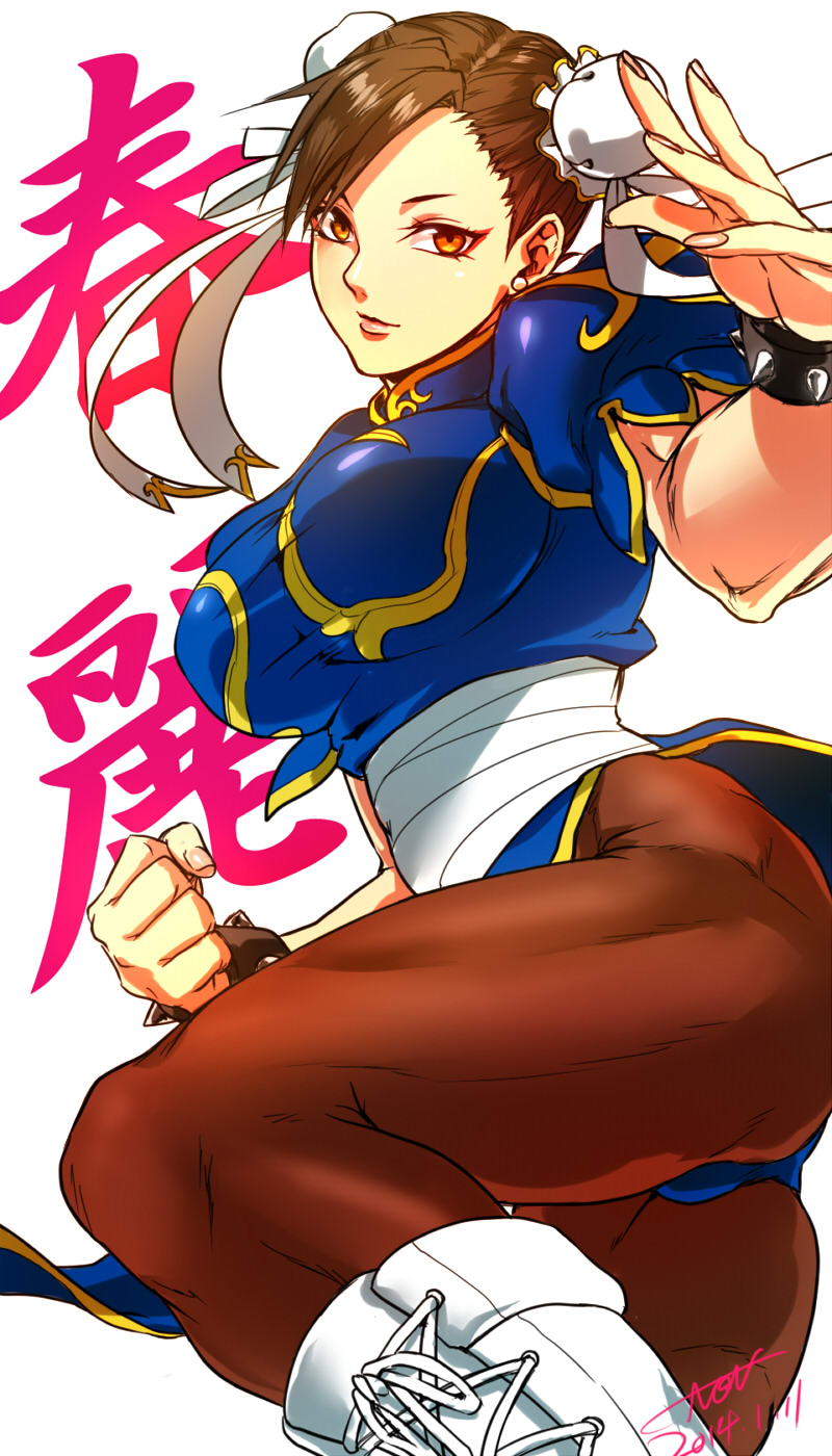 blue_dress blue_panties boots bracelet breasts brown_hair brown_legwear bun_cover chinese_clothes chun-li cross-laced_footwear double_bun dress earrings fighting_stance highres jewelry large_breasts legs muscle muscular_female non_(nonzile) panties pantyhose sash solo spiked_bracelet spikes street_fighter thick_thighs thighs underwear white_footwear