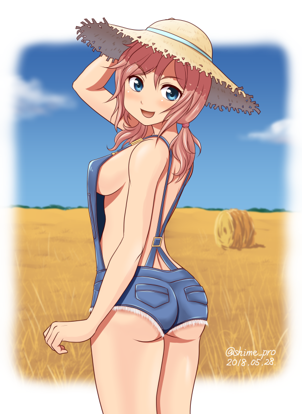 1girl ass back backless_outfit blue_eyes blush breasts day eyebrows_visible_through_hair hand_on_headwear hat hay large_breasts looking_at_viewer looking_back low_twintails monica_blueash naked_overalls open_mouth outdoors overalls pink_hair school_girl_strikers shimeta_hiromitsu sideboob smile solo straw_hat suspenders twintails