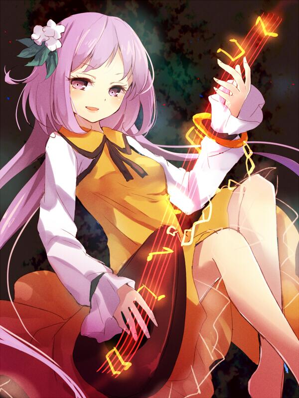 bad_id bad_twitter_id biwa_lute blush dress flower hair_flower hair_ornament instrument lips long_hair long_sleeves looking_at_viewer lute_(instrument) musical_note nunucco open_mouth purple_eyes purple_hair shirt smile solo touhou tsukumo_benben twintails white_shirt yellow_dress