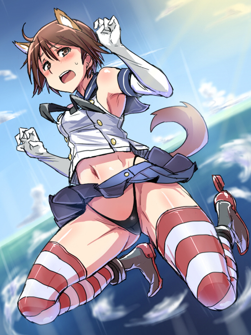 animal_ears armpits bad_id bad_pixiv_id blush brown_eyes brown_hair cosplay dog_ears dog_tail elbow_gloves gloves kantai_collection microskirt midriff miyafuji_yoshika navel open_mouth panties pantyshot parody shimakaze_(kantai_collection) shimakaze_(kantai_collection)_(cosplay) short_hair skirt solo strike_witches striped striped_legwear sweatdrop tail thighhighs ulrich_(tagaragakuin) underwear world_witches_series
