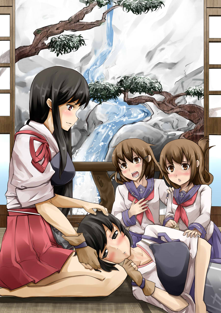 akagi_(kantai_collection) black_hair blush brown_eyes brown_hair folded_ponytail hair_ornament hairclip highres ikazuchi_(kantai_collection) inazuma_(kantai_collection) japanese_clothes kaga_(kantai_collection) kantai_collection long_hair long_sleeves lying multiple_girls muneate open_mouth school_uniform serafuku short_hair side_ponytail sitting skirt sliding_doors tenko_(gintenko) wariza