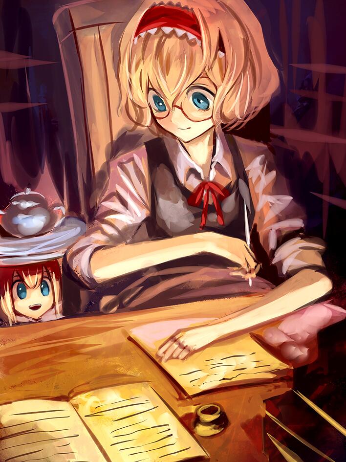 alice_margatroid alternate_costume banned_artist bespectacled blonde_hair blue_eyes book bow chair doll glasses hairband kozou_(soumuden) lolita_hairband long_hair long_sleeves looking_at_another open_book open_mouth paper shanghai_doll shirt short_hair sitting smile solo teapot touhou tray white_shirt