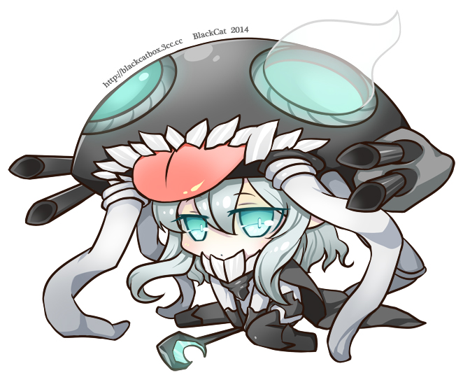 artist_name blackcat_(blackcatbox) bodysuit cape chibi gloves glowing glowing_eyes kantai_collection shinkaisei-kan silver_hair solo tongue tongue_out watermark web_address white_background wo-class_aircraft_carrier