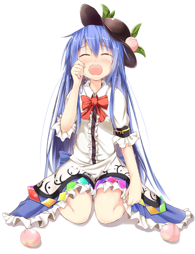 blue_hair blush closed_eyes crying efe food fruit hand_on_own_face hat hinanawi_tenshi long_hair open_mouth peach revision shirt simple_background sitting skirt solo tears touhou wariza white_background