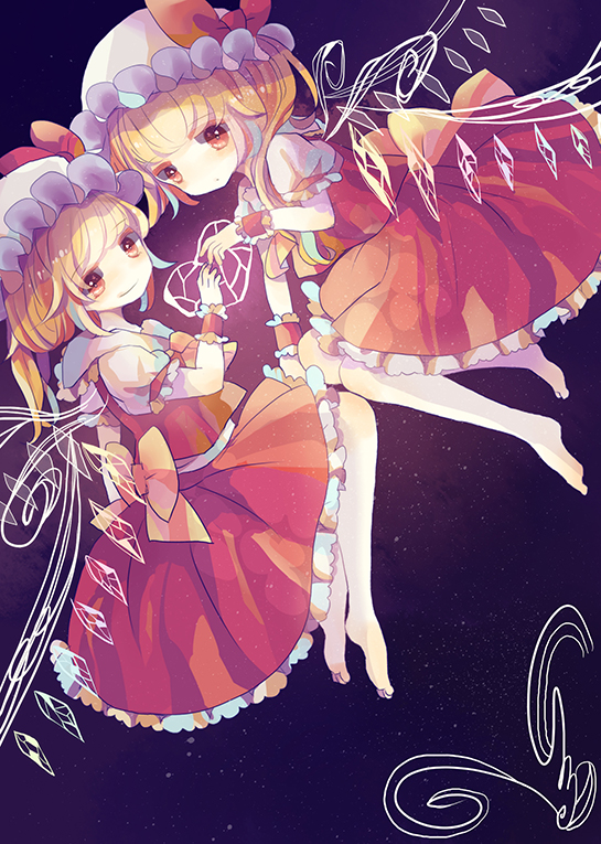 barefoot blonde_hair bow clone flandre_scarlet hat hat_bow heart hiyuu_(hiyualice) multiple_girls no_nose red_eyes red_skirt skirt skirt_set touhou wings wrist_cuffs