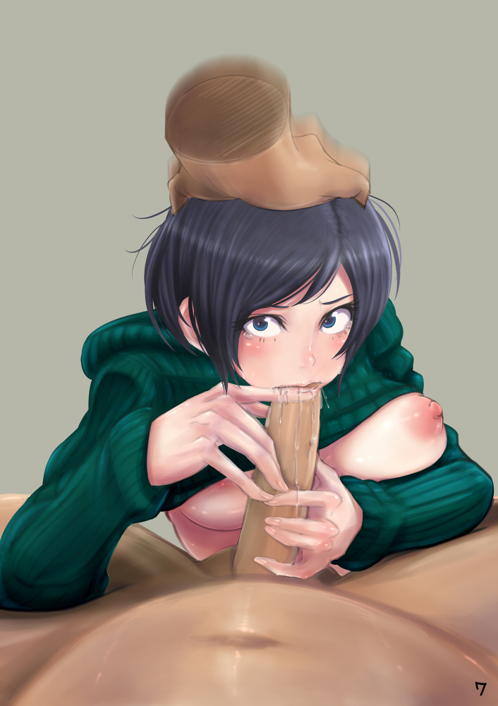 1girl black_hair blue_eyes blush breasts fellatio final_fantasy final_fantasy_vii forced hand_on_head looking_at_viewer motion_blur nipples no_bra oral pecolondon penis pov ribbed_sweater saliva short_hair solo_focus sweater sweater_lift tears uncensored yuffie_kisaragi