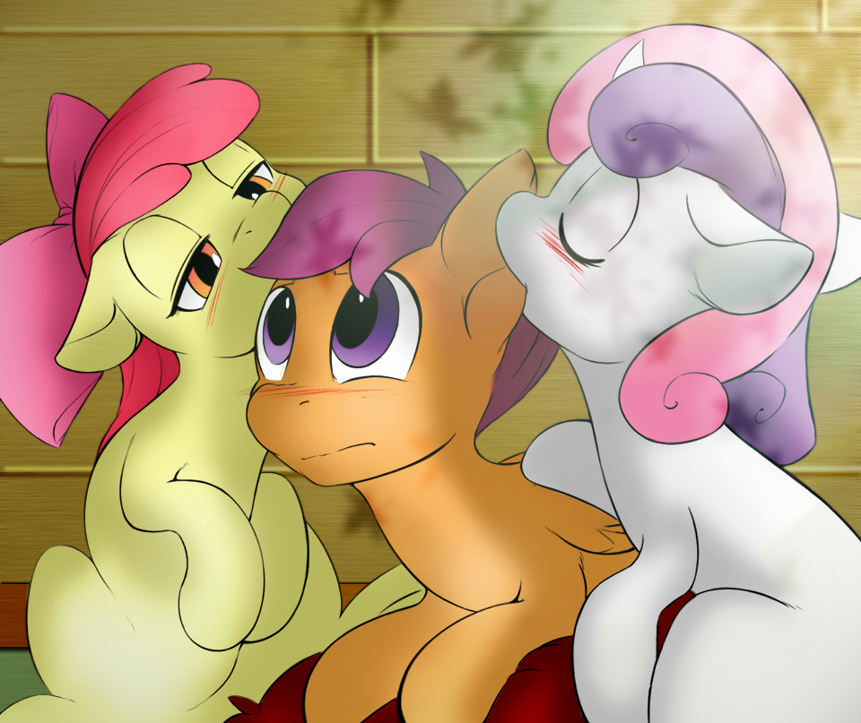 amber_eyes apple_bloom_(mlp) blush bow colored cub ear_biting equine eyes_closed female feral florecentmoo friendship_is_magic fur group hair half-closed_eyes horn horse licking_ear mammal my_little_pony orange_fur pegasus pony purple_hair red_hair scootaloo_(mlp) sitting sweetie_belle_(mlp) two_tone_hair unicorn white_fur wings yellow_fur young