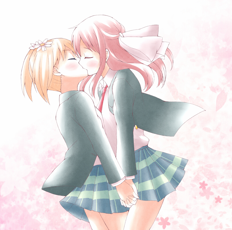 bad_id bad_pixiv_id blazer blonde_hair blush checkered checkered_skirt closed_eyes flower hair_flower hair_ornament hair_ribbon holding_hand holding_hands jacket kiss long_hair ma_tsukasa multiple_girls necktie pink_hair ribbon sakura_trick school_uniform short_hair short_twintails skirt sonoda_yuu takayama_haruka twintails yuri