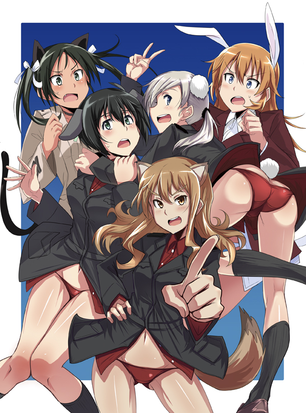 animal_ears aqua_eyes ass black_hair blue_eyes brown_eyes brown_hair bunny_ears bunny_tail cat_ears cat_tail charlotte_e_yeager dog_ears dog_tail fang fernandia_malvezzi francesca_lucchini hair_ribbon hug looking_at_viewer luciana_mazzei martina_crespi military military_uniform multiple_girls navel open_mouth orange_hair panties pointing ponytail red_panties ribbon strike_witches sweatdrop tail twintails ulrich_(tagaragakuin) underwear uniform v white_hair world_witches_series