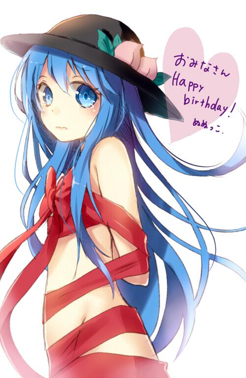 bad_id bad_twitter_id bdsm birthday blue_eyes blue_hair blush bondage bound covering crying food fruit happy_birthday hat heart hinanawi_tenshi long_hair looking_at_viewer naked_ribbon nunucco peach red_ribbon ribbon ribbon_bondage simple_background solo tears text_focus touhou white_background