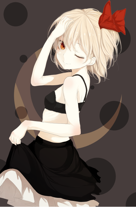 adapted_costume alternate_costume black_background blonde_hair blush bra crescent_moon frilled_skirt frills hair_ribbon hand_in_hair looking_at_viewer looking_back moon one_eye_closed orange_eyes ribbon rumia short_hair simple_background skirt skirt_hold smile solo touhou underwear yushika