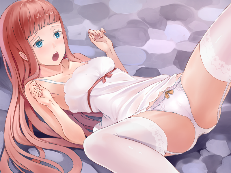 1girl bare_shoulders blue_eyes blush breasts brown_hair camisole game_cg garter_straps legs long_hair looking_down lying mugen_yuuki nek on_back open_mouth panties pink_hair small_breasts solo spread_legs thighhighs thighs underwear white_legwear white_panties