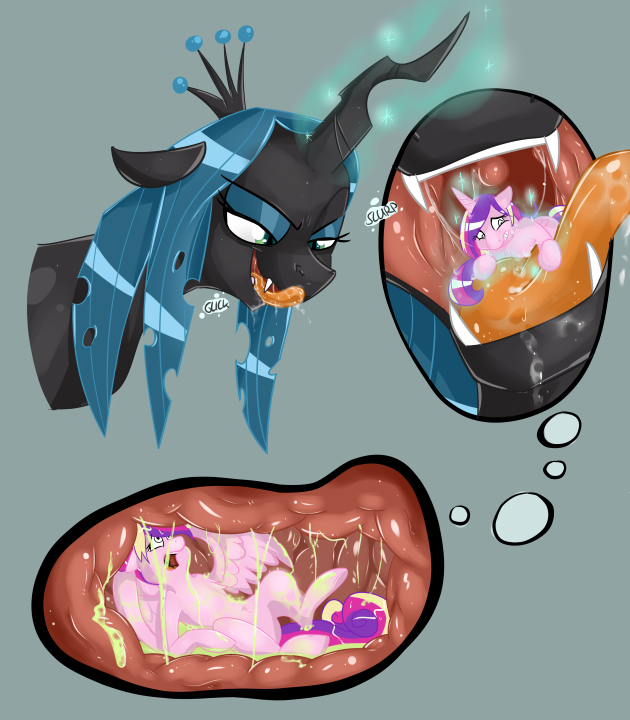changeling chubbyjam duo equine female feral friendship_is_magic fur hair half-closed_eyes horn horse magic mammal my_little_pony open_mouth pink_fur pony princess_cadance_(mlp) queen_chrysalis_(mlp) saliva shrabby teeth tongue vorarephilia vore winged_unicorn wings