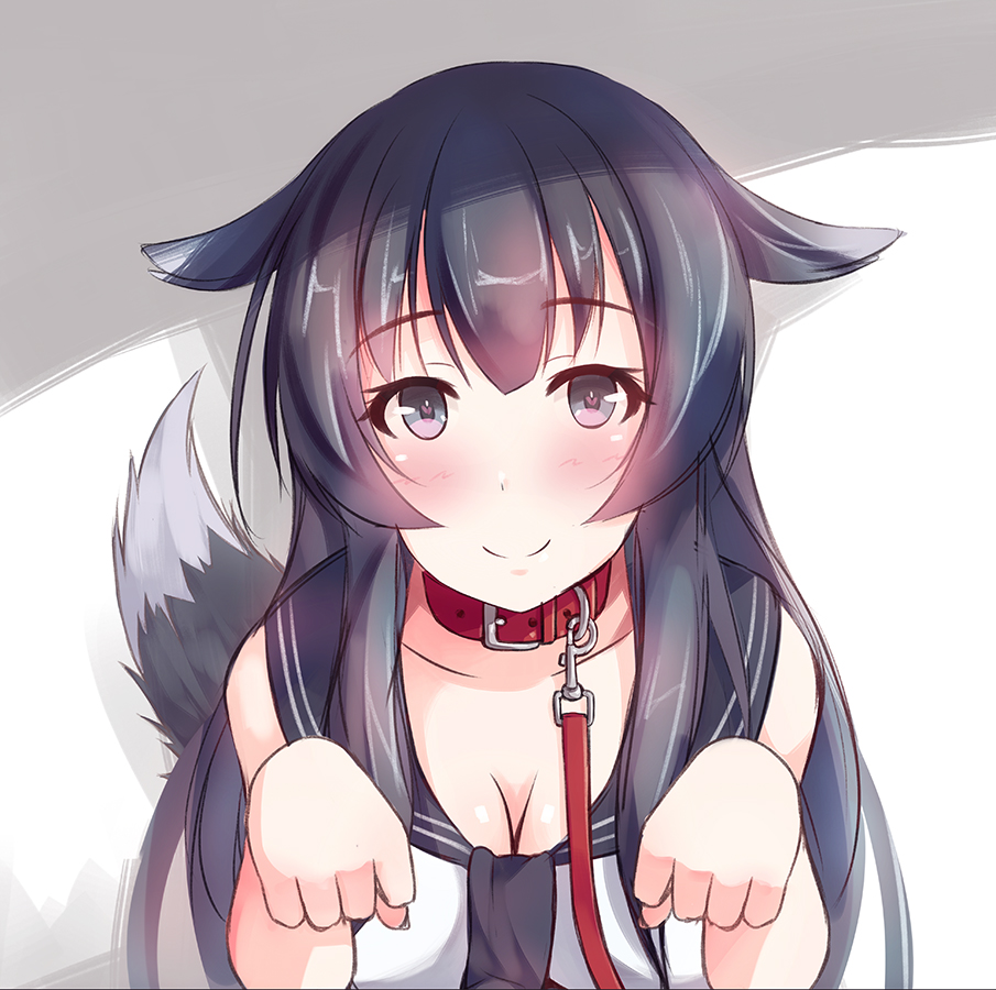 agano_(kantai_collection) animal_ears bad_id bad_pixiv_id black_eyes black_hair breasts cleavage collar dog_ears dog_tail heart heart-shaped_pupils hiiragi_hajime kantai_collection large_breasts leash long_hair looking_at_viewer paw_pose smile solo symbol-shaped_pupils tail