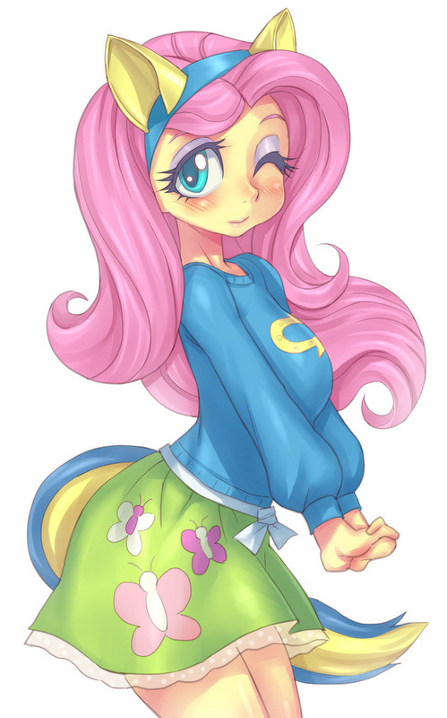 anthro blush clothing equestria_girls eyes_closed female fluttershy_(eg) fluttershy_(mlp) friendship_is_magic hair happy hoihoi human humanized long_hair looking_at_viewer mammal my_little_pony pink_hair plain_background pose skirt solo white_background