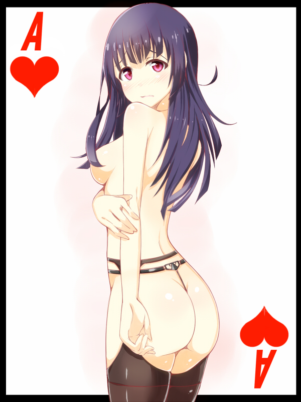 ace ass back bangs blue_hair blush border breasts card card_(medium) chastity_belt convenient_censoring cowboy_shot embarrassed from_side frown garter_belt hair_censor heart holding_arm kanzaki_mitsuki long_hair looking_at_viewer looking_back medium_breasts nose_blush panties pink_eyes playing_card q_(a72pgc) raised_eyebrows saikin_imouto_no_yousuga_chotto_okashiindaga sideboob solo standing t.s.t. thighhighs thong underwear white_background