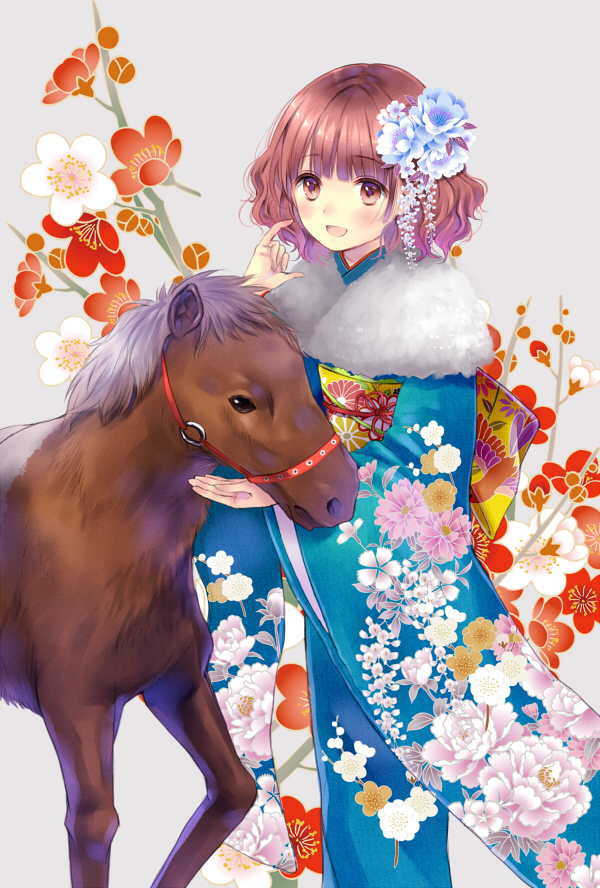 :d animal bad_id bad_pixiv_id blush brown_eyes brown_fur brown_hair floral_background floral_print flower fur_trim furisode grey_background hair_flower hair_ornament hairpin hanekoto horse japanese_clothes kimono long_sleeves new_year open_mouth original scarf short_hair simple_background smile standing wavy_hair wide_sleeves