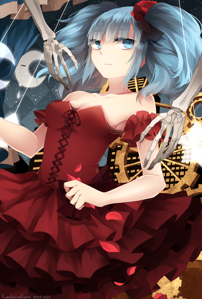 2014 aqua_eyes aqua_hair artist_name bad_id bad_pixiv_id bangs dated dress gears hatsune_miku long_hair petals red_dress shouen_kigashi skeleton solo strapless strapless_dress vocaloid