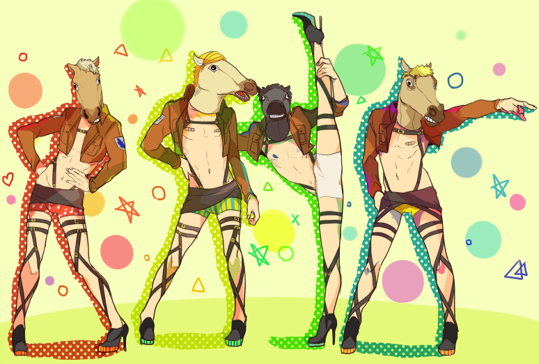 bandaid bandaids_on_nipples belt character_request commentary_request contrapposto crossdressing emblem full_body green_background high_heels horse_head horse_mask hu_(saimens) jacket leg_up looking_at_viewer male_focus military military_uniform multiple_boys navel outstretched_arm paradis_military_uniform pasties pose profile shingeki_no_kyojin simple_background skirt standing standing_on_one_leg striped suspenders thigh_strap uniform