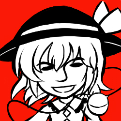 banned_artist glico grin hat kisaragi_zwei komeiji_koishi looking_at_viewer lowres monochrome red_background short_hair smile solo touhou