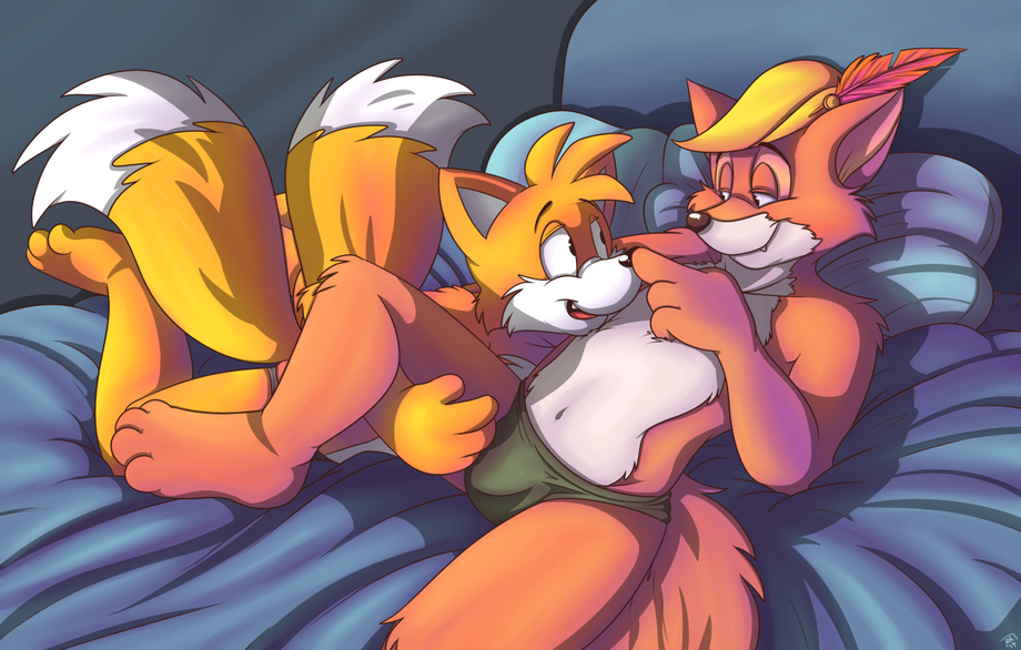 anthro bed canine couple cuddling disney fangs feather fox fur gay hat invalid_tag lifting lying male miles_prower open_mouth orange_fur paws pillow roarey_raccoon robin_hood romantic sega smile sonic_(series) spreading teeth underwear white_fur