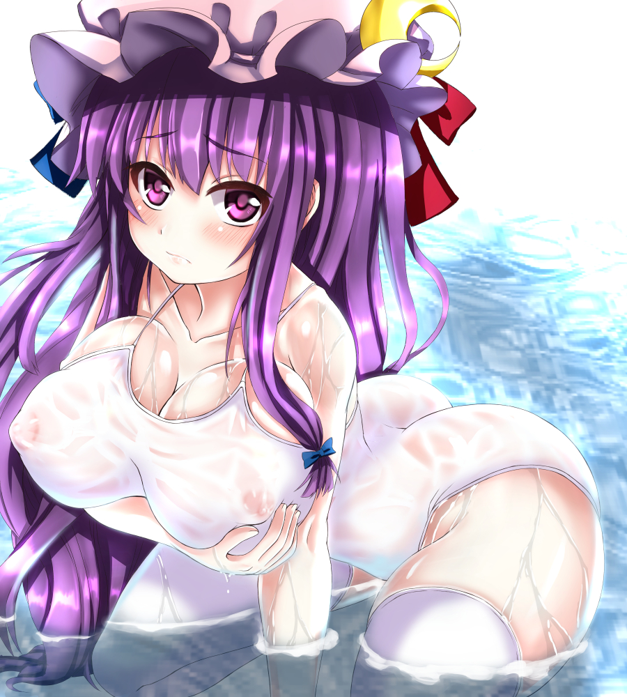 breasts covered_nipples crescent ebi_193 hat large_breasts long_hair one-piece_swimsuit patchouli_knowledge purple_eyes purple_hair solo swimsuit thighhighs touhou water wet wet_clothes wet_swimsuit white_legwear white_swimsuit