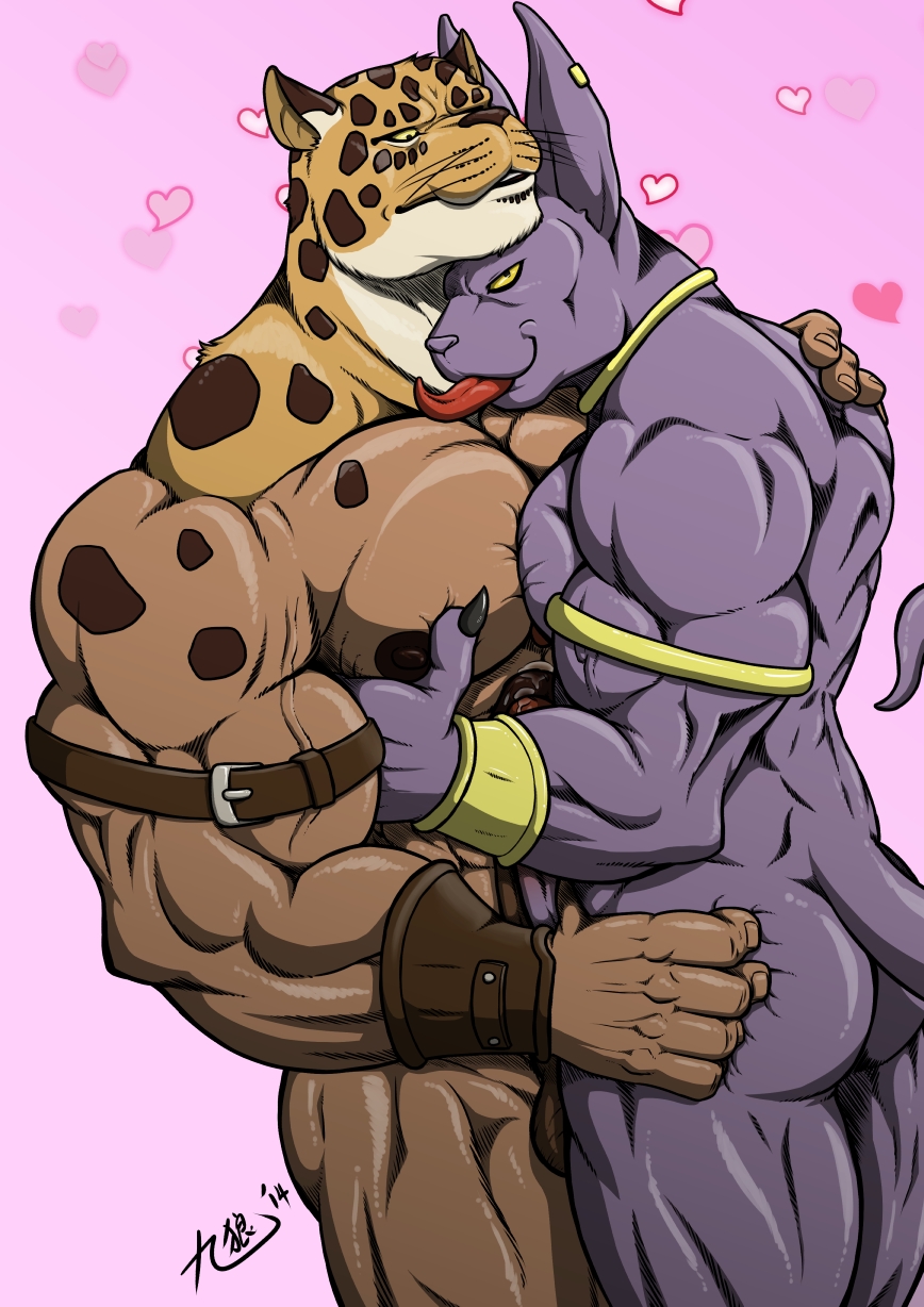 &lt;3 5_fingers abs anthro armor back balls beerus belt biceps big_muscles big_penis bills body_markings bracelet brown_fur brown_nipples brown_penis butt canine claws crossover cum cum_on_penis cum_on_stomach cum_string dragon_ball dragon_ball_z erection feline frottage fur gay grey_fur gripping grope guin guin_saga half-closed_eyes hand_on_butt happy hi_res holding human humanoid_penis hybrid jackal jewelry kyuuhari leaking leopard licking looking_at_viewer looking_down male mammal manly markings muscles nipples nude orgasm pecs penis pink_background plain_background pose precum presenting purple_fur shadow shiny smile spots squeeze standing tan_fur toned tongue tongue_out vein whiskers yellow_eyes