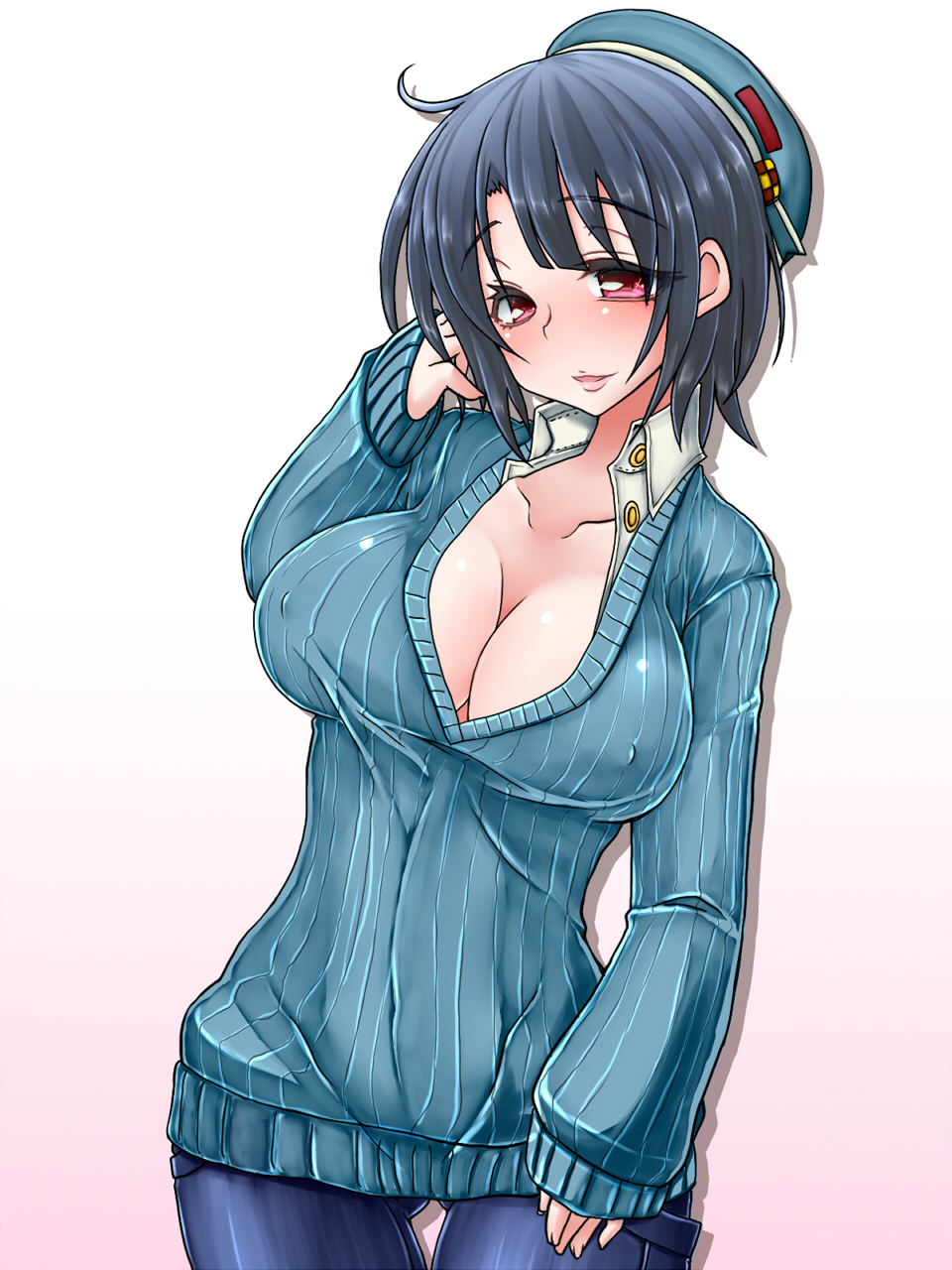 beret black_hair blush breasts casual denim hat highres inaba_(alice1999) jeans kantai_collection large_breasts lips open_mouth pants red_eyes ribbed_sweater short_hair smile solo sweater takao_(kantai_collection)