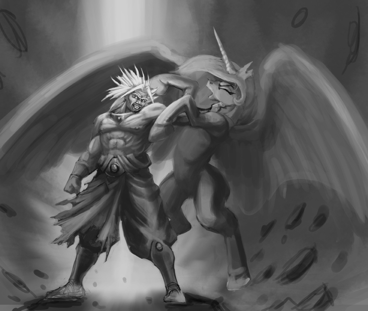 battle bracelet broly celestia_(my_little_pony) crossover dragon_ball dragon_ball_z evil_smile greyscale horn jewelry legendary_super_saiyan long_hair monochrome muscle my_little_pony my_little_pony_friendship_is_magic open_mouth short_hair smile spiked_hair tail wings you_gonna_get_raped
