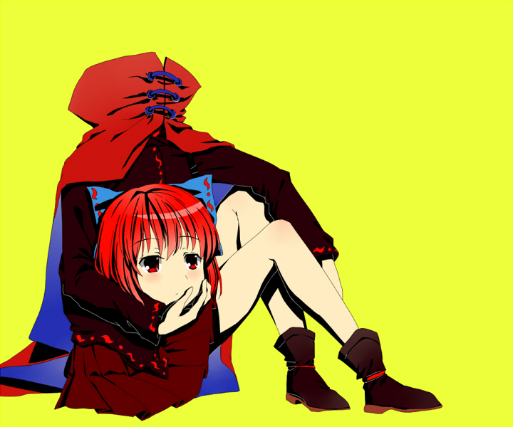 ankle_boots bad_id bad_pixiv_id bare_legs boots bow cape cnm disembodied_head full_body hair_bow knees_up long_sleeves looking_at_viewer red_eyes red_hair sekibanki short_hair simple_background sitting skirt solo touhou yellow_background
