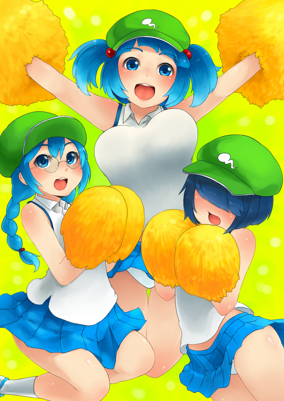 :d alternate_costume armpits arms_up blue_eyes blue_hair blush bouncing_breasts braid breasts cheerleader dark_haired_kappa extra glasses glasses_kappa hair_bobbles hair_ornament hair_over_eyes hat highres kappa_mob kawashiro_nitori large_breasts long_hair multiple_girls open_mouth panties pom_poms revision sakushin short_hair short_twintails skirt smile touhou twin_braids twintails two_side_up underwear white_panties