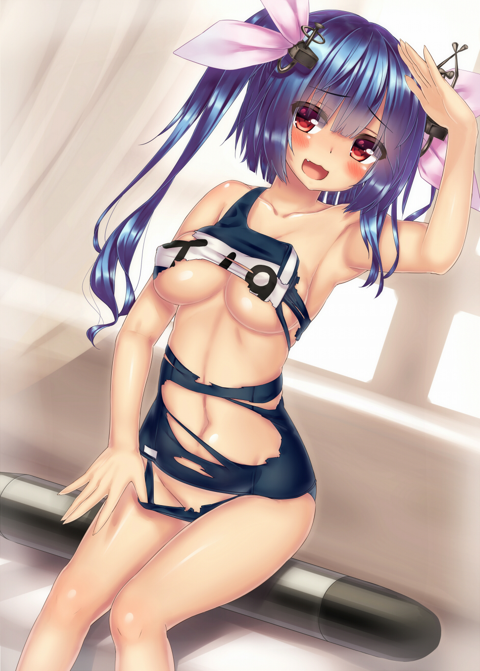 arm_up armpits bad_id bad_pixiv_id blue_hair blush breasts collarbone fang hair_ornament hair_ribbon highres i-19_(kantai_collection) kantai_collection large_breasts long_hair looking_at_viewer navel one-piece_swimsuit open_mouth red_eyes ribbon salute school_swimsuit school_swimsuit_flap shiny shiny_skin solo swimsuit swimsuit_pull torn_clothes torn_swimsuit torpedo twintails underboob wataru_(zazazazazazawa)