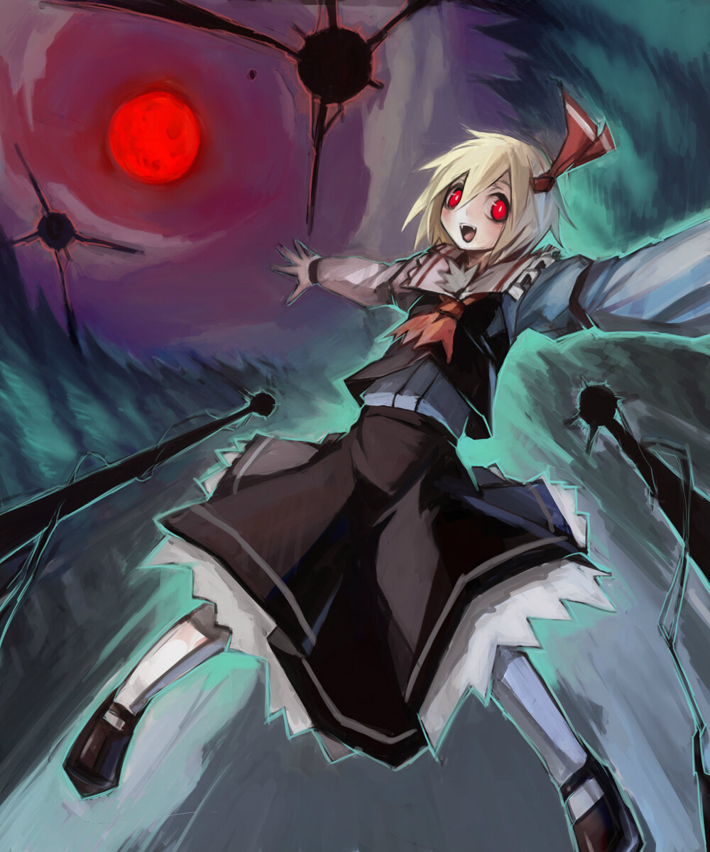 ascot blonde_hair blush bow cloud dark fangs full_body full_moon hair_bow highres long_sleeves looking_at_viewer mary_janes moon nature night night_sky open_mouth outstretched_arms pantyhose red_eyes red_moon rumia shirt shoes short_hair skirt skirt_set sky smile solo spark621 touhou tree vest white_legwear white_shirt