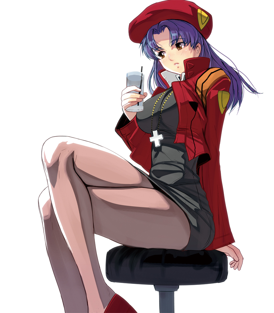 beret black_dress blush breasts brown_eyes cropped_jacket cross cross_necklace crossed_legs cup dress drinking_glass drinking_straw food hat jacket jewelry katsuragi_misato large_breasts legs long_hair long_legs masao necklace neon_genesis_evangelion open_clothes open_jacket pantyhose pendant purple_hair rebuild_of_evangelion simple_background sitting solo stool thighs white_background