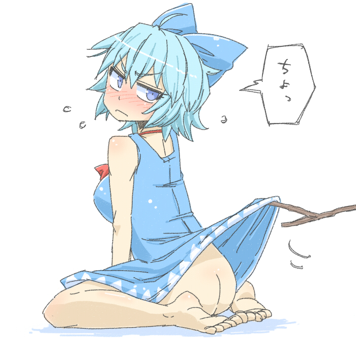 aono3 ass barefoot blue_eyes blue_hair blush bow cirno dress dress_lift feet from_behind full_body hair_bow looking_back no_panties simple_background sitting solo stick sweat touhou wariza
