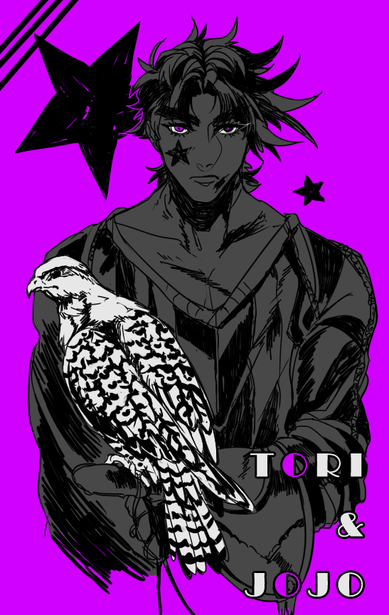bad_id bad_pixiv_id bird cloak facial_mark hawk jojo_no_kimyou_na_bouken joseph_joestar_(young) male_focus purple purple_eyes sakaumi solo star