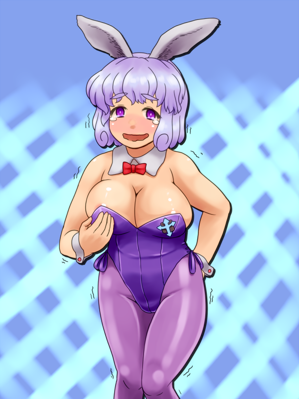 animal_ears areolae blue_eyes blush bow bowtie breasts bunny_ears bunnysuit cleavage daajirin.koucha detached_collar large_breasts letty_whiterock open_mouth pantyhose pink_legwear purple_hair short_hair tears touhou trembling wavy_mouth wrist_cuffs