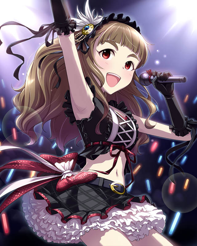armpits artist_request belt black_gothic_dress_(idolmaster) brown_hair elbow_gloves eyebrows gloves idolmaster idolmaster_cinderella_girls jpeg_artifacts kamiya_nao long_hair microphone midriff navel official_art open_mouth red_eyes skirt solo star