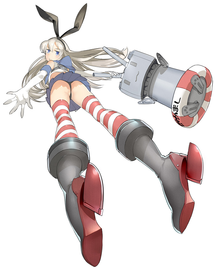 ass black_panties blonde_hair blue_eyes blush boots elbow_gloves full_body gloves grey_footwear hairband innertube kantai_collection long_hair looking_at_viewer looking_back mikurou_(nayuta) panties rensouhou-chan shimakaze_(kantai_collection) simple_background skirt solo striped striped_legwear thighhighs underwear white_gloves