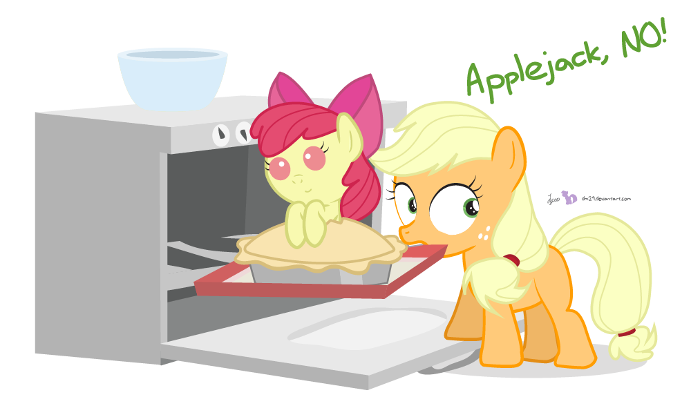 apple_bloom_(mlp) applejack_(mlp) baking baking_tray blonde_hair bowl cub dm29 english_text equine female feral freckles friendship_is_magic fur green_eyes hair horse mammal my_little_pony orange_fur oven pie pink_eyes pony red_hair sibling sisters text yellow_fur young