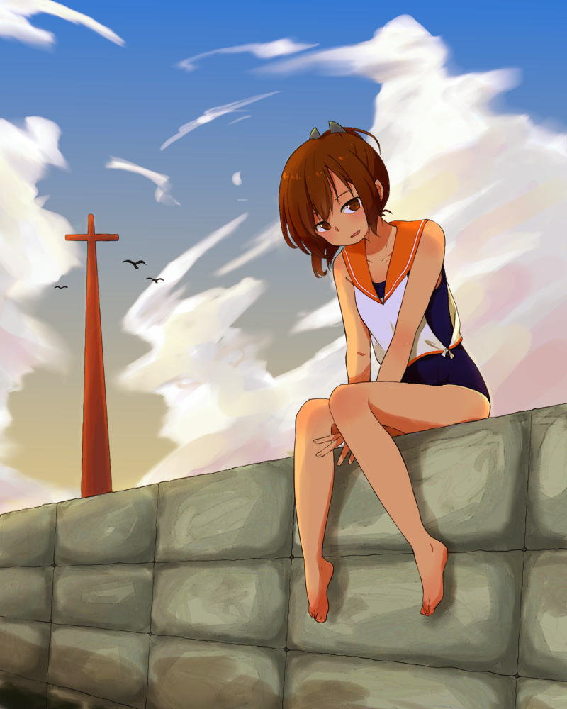 bare_shoulders barefoot bird blush brown_eyes brown_hair cloud cross day i-401_(kantai_collection) kantai_collection looking_at_viewer nogoma_(hiyokopool) one-piece_swimsuit open_mouth ponytail sailor_collar school_swimsuit school_uniform short_hair short_ponytail sitting sky smile solo swimsuit swimsuit_under_clothes