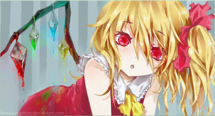 ascot bent_over blonde_hair collarbone crystal dress dripping fang flandre_scarlet happy-mashiro looking_at_viewer open_mouth red_dress red_eyes ribbon side_ponytail simple_background solo striped striped_background touhou wings