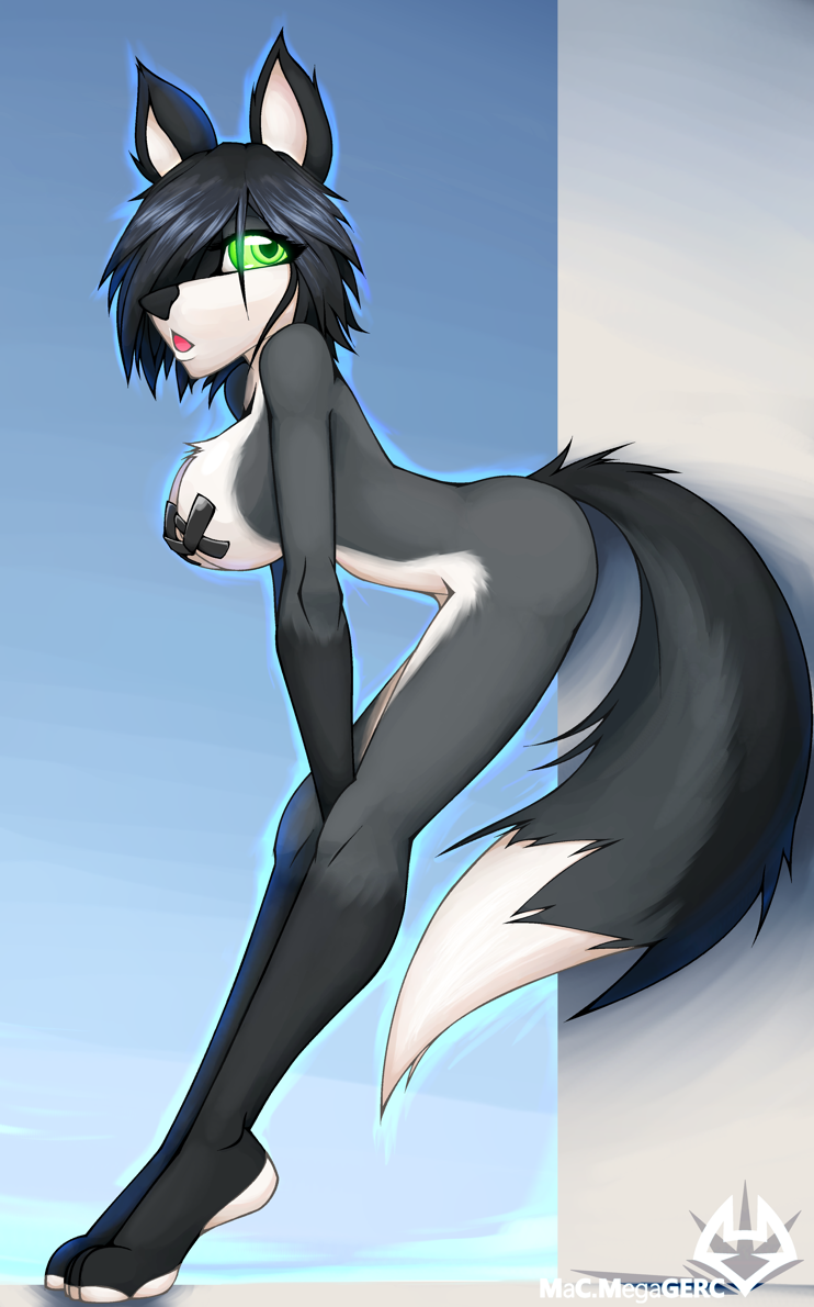 black_fur black_hair black_nose breasts canine female fluffy_tail fur green_eyes grey_fur hair hair_over_eye long_legs macmegagerc mammal nancy_(macmegagerc) nipple_tape nude open_mouth solo tape white_fur wolf