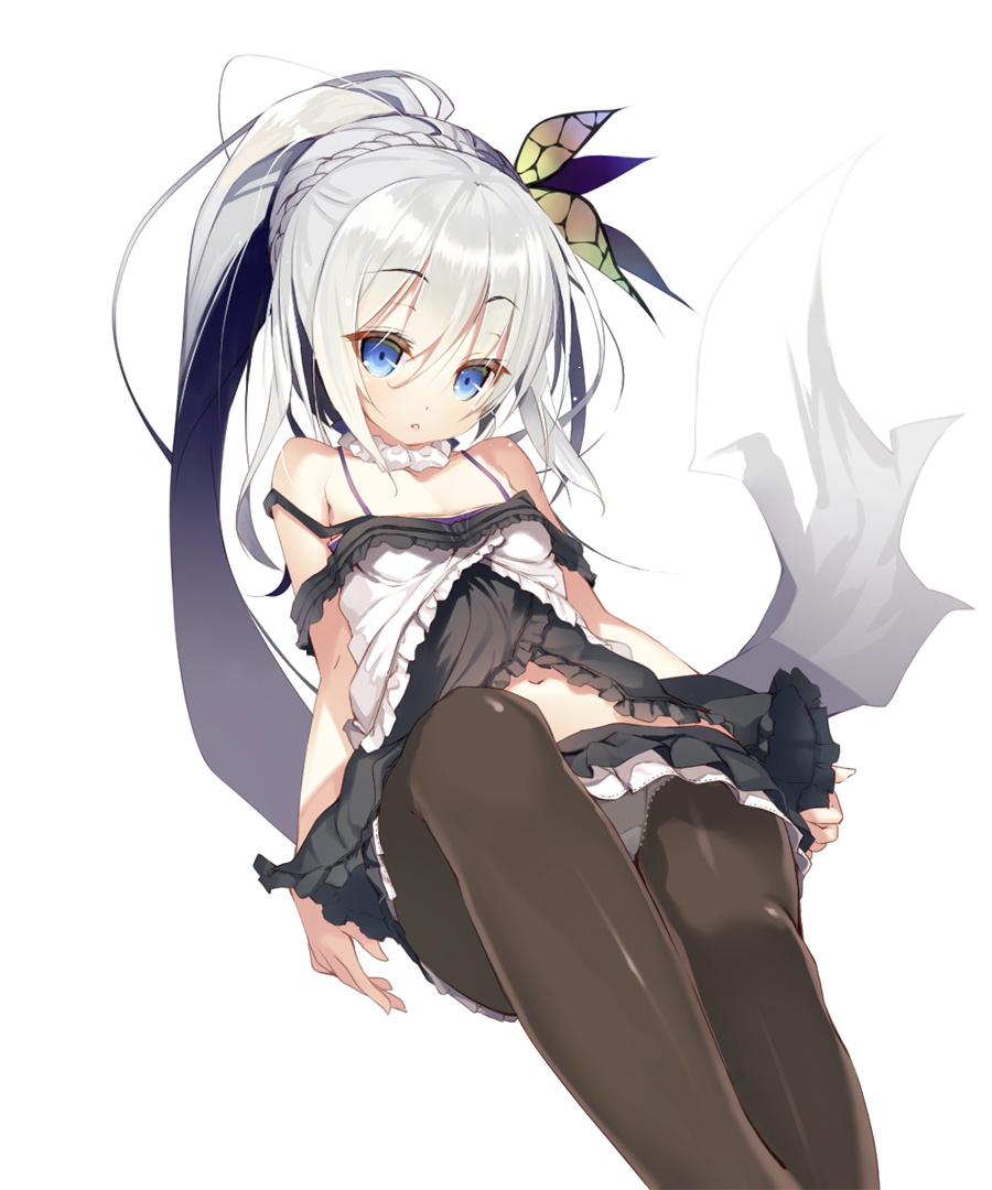 bare_shoulders butterfly_hair_ornament flat_chest hair_ornament long_hair looking_at_viewer navel nekomu original panties panties_under_pantyhose pantyhose parted_lips raised_eyebrows silver_hair simple_background solo underwear very_long_hair white_background