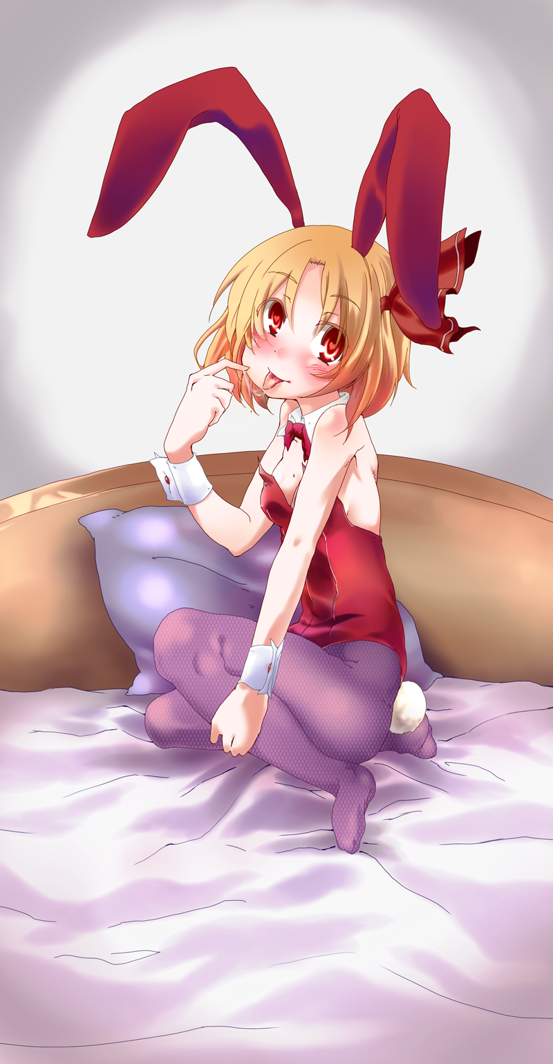 amagase_lyle animal_ears bare_shoulders bed blonde_hair blush bunny_ears bunny_girl bunny_tail bunnysuit fishnet_pantyhose fishnets hair_ribbon highres pantyhose red_eyes ribbon rumia saliva saliva_trail solo tail tongue tongue_out touhou