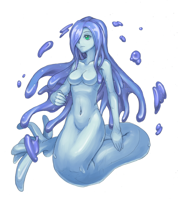 breasts goo_girl green_eyes hair_over_one_eye long_hair medium_breasts mon-musu_quest! monster_girl navel no_legs purutoppu_(toranohige) slime solo undine_(mon-musu_quest!) wet